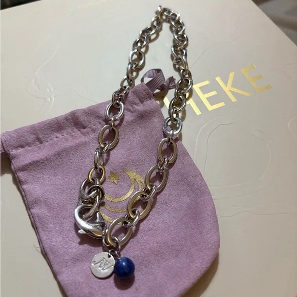 Jane Win Silver Chunky Link Chain w/ Lapis Bead, 18” - Picture 7 of 13